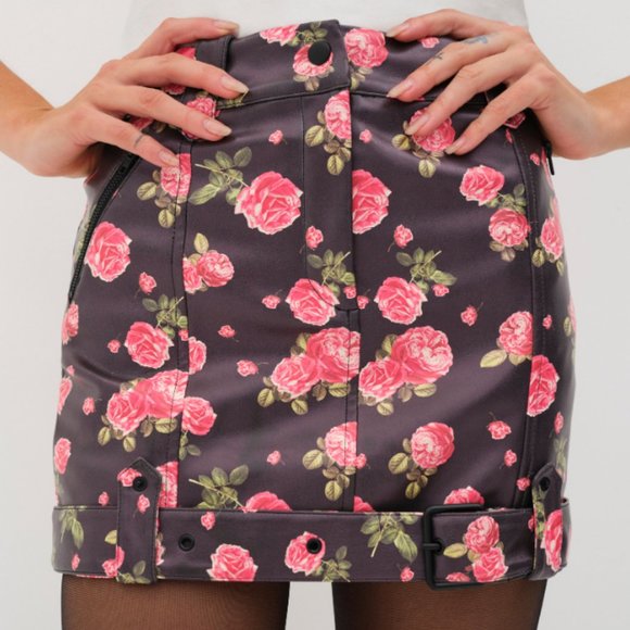NWT For Love & Lemons Wren Faux Leather Rose Print Mini Skirt